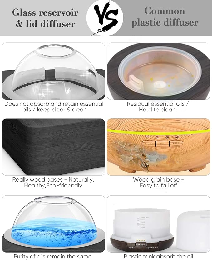 Glass Dome Essential Oil Diffuser with Glass Reservoir & Wood Base-Plastic Free, 200ml Ultrasonic Diffuser for Aromatherapy with Timer 7 Color Light Auto-Off for Gift Home Office Yoga Dark Brown