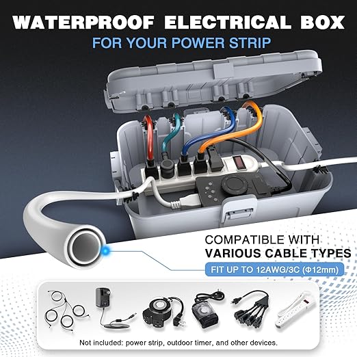 Flemoon Outdoor Electrical Box Waterproof, IP54 Waterproof Extension Cord Cover, Protect Outlet, Plug, Socket, Timer, Power Strip, Holiday Light, Large Weatherproof Connection Box, Light Grey