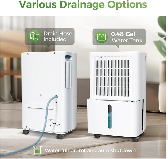 2,500 Sq Ft Home Dehumidifier with Drain Hose, 55 OZ Water Tank, 24 Hr Timer, 34 Pints High Efficiency Compressor for Basement, Bedrooms, Bathrooms and Laundry Rooms
