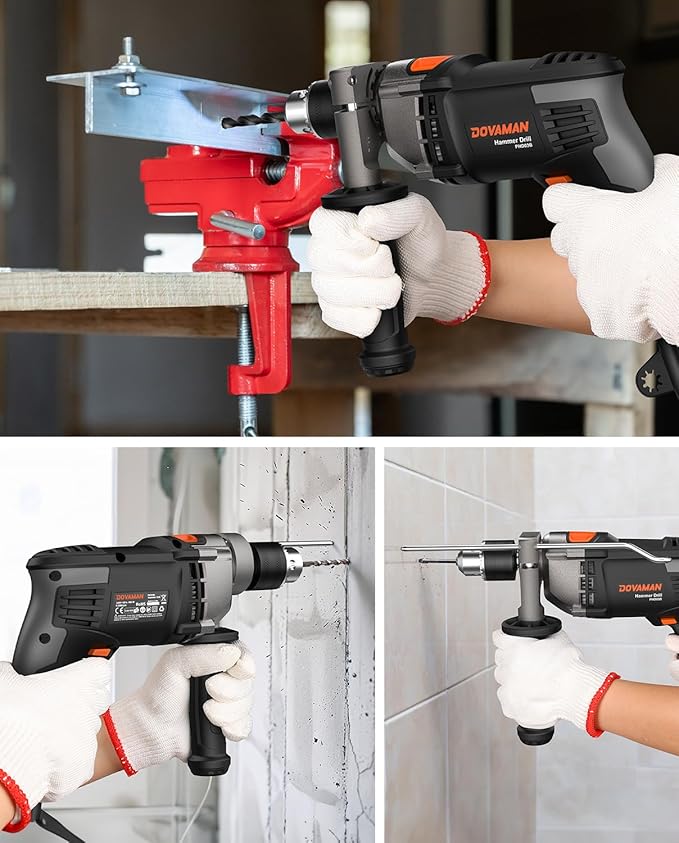 DOVAMAN PHD03B 7.5A Corded Hammer Drill, 1/2'' Impact Drill with Variable Speed 0–3000RPM, Metal Chuck, 2 Modes for Concrete, Wood, Metal – Includes Bits & Carrying Case