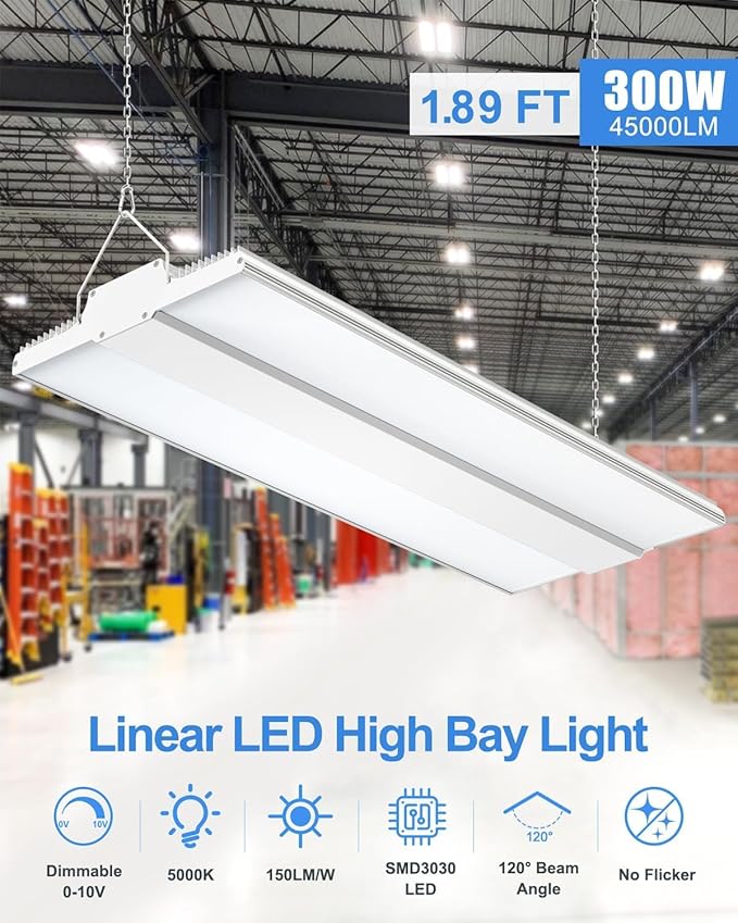 4 Pack 300W High Bay LED Lights 45,000LM, 1.89FT LED Warehosue Light UL DLC Listed, 5000K Linear Hanging Shop Fixture Dimmable 0-10V, Commercial High Bay Light for Workshop Garage Factory, AC100-277V