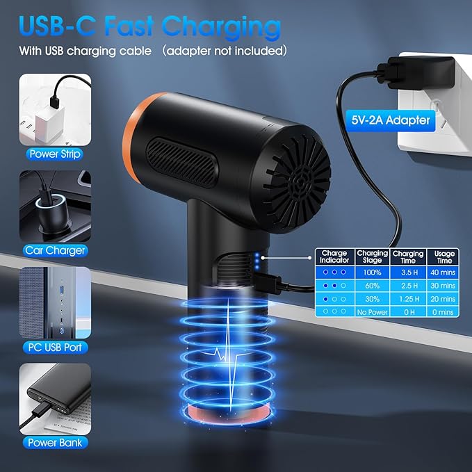 Compressed Air Duster, 100000RPM Handheld Car Vacuum/Air Blower& Pump, 3 Gear Adjustable Electric Air Duster/Car Vacuum Cleaner, Keyboard Duster with LED Light-10 Kits Air Blower for Computer(Orange)
