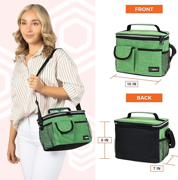 opux Insulated Lunch Bag for Men Women, Leakproof Heather Green Lunch Box for Work, Portable Soft Lunch Cooler Bag with Shoulder Strap, Adult Lunchbox Lunch Pail for Kid Boy Girl School, 14 Can/8L