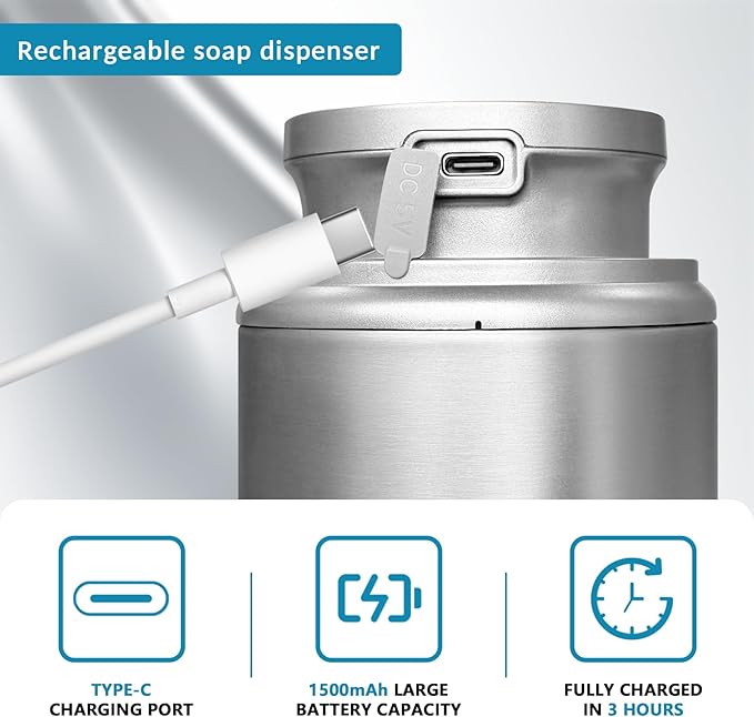 12 oz. Automatic Soap Dispenser Stainless Steel with Sensor Infrared Soap Dispenser Electric IPX5 Waterproof USB-C Charging Motion Sensor for Kitchen & Bathroom (Silver Cyl)