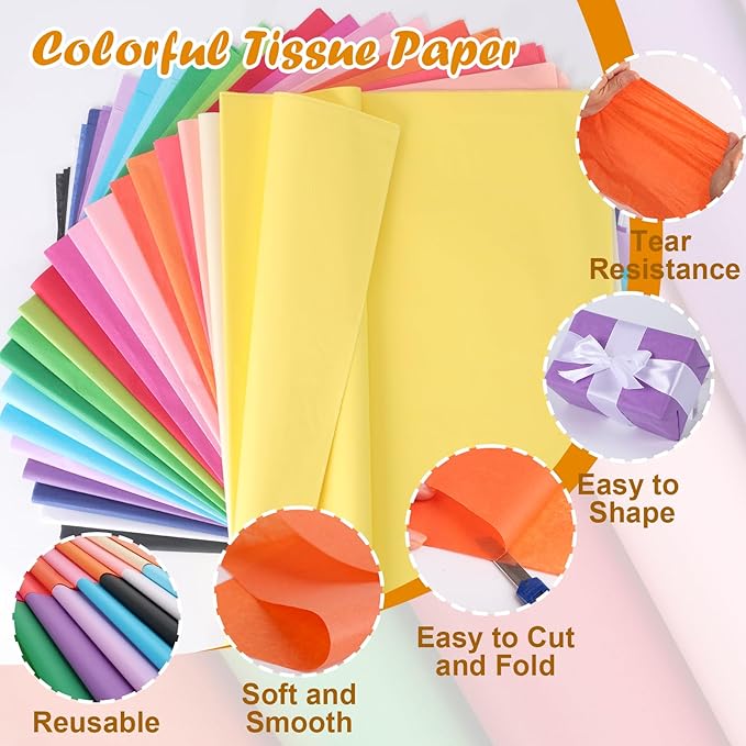 1000 PCS Tissue Paper, 20 Colors 14" X 20" Tissue Papers Bulk for Packaging, Colored Tissue Paper for Gift Bags Crafts Birthday Party Flower Decoration