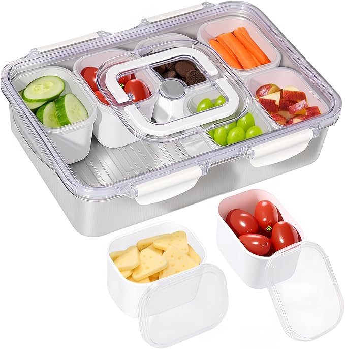 Snackle Box Container,Dishwasher Safe Snack Tray with Lid,Stainless Steel Divided Serving Tray with Lid,8 Compartments with Transparent Lids,Perfect for Travel Party