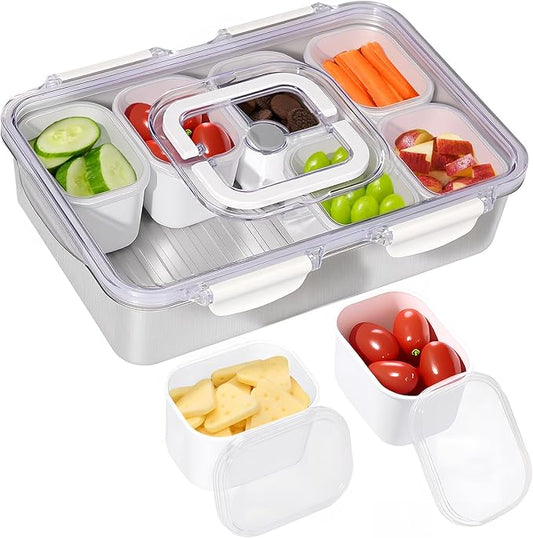 Snackle Box Container,Dishwasher Safe Snack Tray with Lid,Stainless Steel Divided Serving Tray with Lid,8 Compartments with Transparent Lids,Perfect for Travel Party