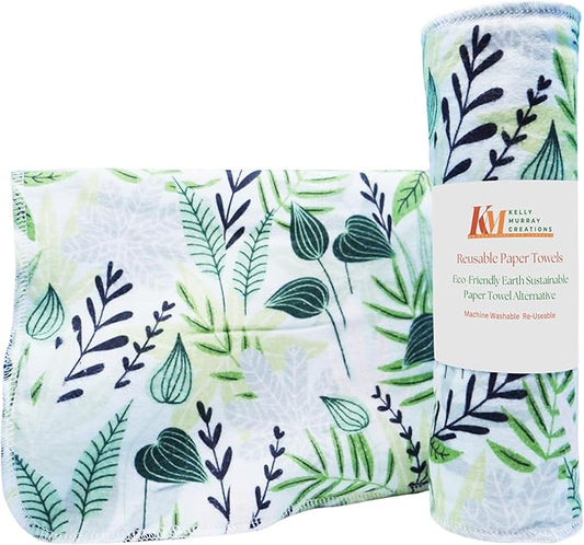 Pack of 10 Reusable Paper Towels | 10x10 Inch Cotton Towels | Kitchen Utensils Print | Eco Friendly, Washable, Quick Drying | Sustainable Cleaning Cloths | Green Fern Leaves