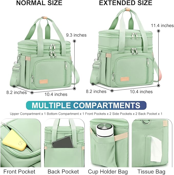 Lunch Box for Men Women - Double Deck Insulated Lunch Bag, Large Leak Proof Tote Cooler, Wide Open Dual Compartment Lunch Bags with Shoulder Strap, For Work Picnic Hiking Beach, Green