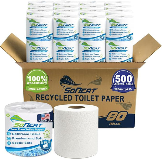 2-Ply Toilet Paper Bulk | Septic safe toilet paper | 40,000 Soft Sheets | 80 Rolls x 500 Sheets Each | Recycled Fiber & Strong Bath Tissue Mega Pack for Home & Commercial Use | Made In USA