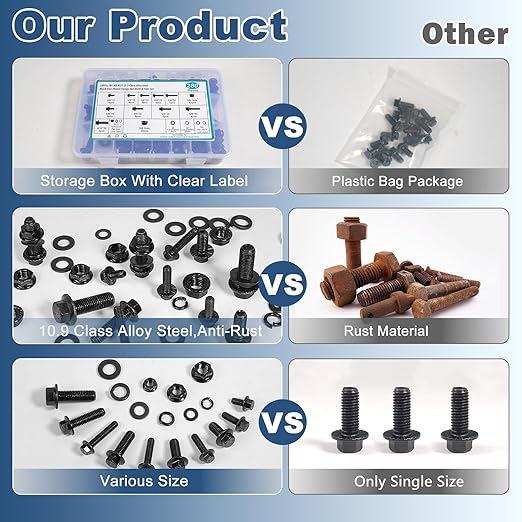 280PCS Heavy Duty Hex Flange Bolts and Nuts Kit,M6 M8 M10 Nuts and Bolts Assortment Kit,10.9 Class Alloy Steel Metric Bolt Assortment with Storage Box