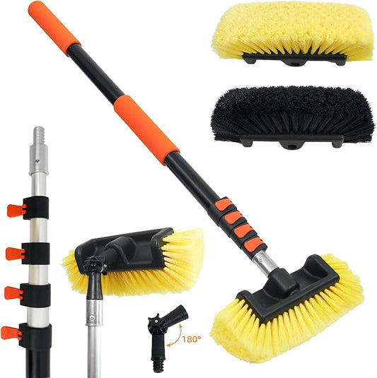 12FT Car Wash Brush with Long Handle Telescopic Pole Car Cleaning Tool with 12" Soft Bristle and Hard Bristle Wash Equipment Kit for Car Truck House Floor Glass Roof Solar Panels