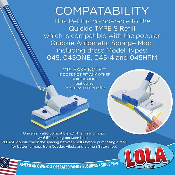 LOLA Squeeze Matic Butterfly Sponge Mop Refill, 9", 4 Pack Replacement Head, Floor Cleaning, Comparable w/Quickie Type S Sponge Mop Refill