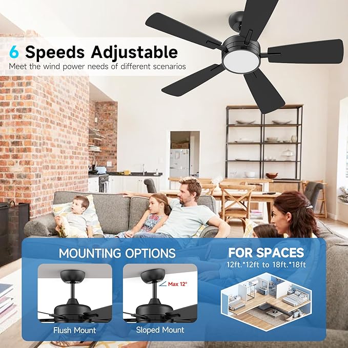 ocioc 46 Inch Ceiling Fans with Lights, Large Air Volume Ceiling Fan with Night Light, Ultra Quiet Reversible DC Motor Dimmable with Remote（Black）