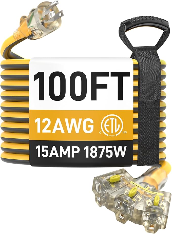 100FT Outdoor Extension Cord 12/3 Gauge Heavy Duty, 3 Prong Outlets with LED Light, 15A 1875W, ETL Certified, Locking Plug, Weather Resistant for Lawn Mower, Tools, Christmas Lights