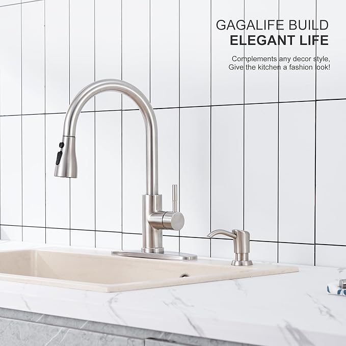GAGALIFE Built in Sink Soap Dispenser or Lotion Dispenser for Kitchen Sink, Brushed Nickel ABS Pump Head, with 17 Ounce Large PET Soap Bottle