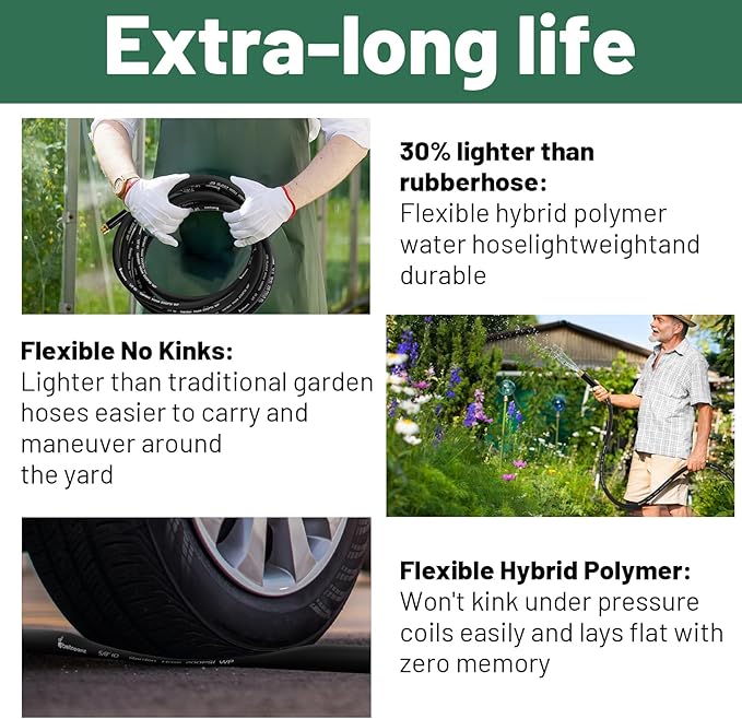 Short Garden Hose 3 ft x 5/8 in Male to Female Heavy Duty Small Water Hose Extend Connector, Lightweight Rubber Hybrid Leader Hose, Leak-Free Connections, BT3B, Black