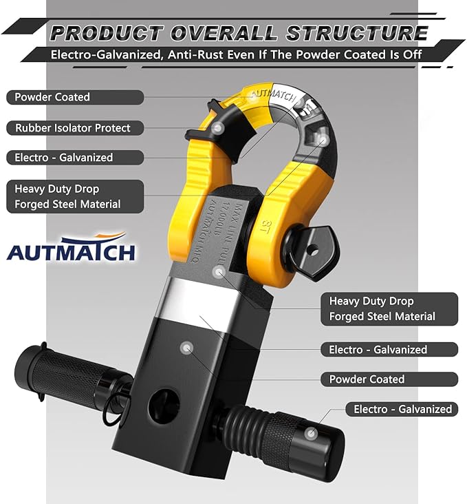 AUTMATCH Shackle Hitch Receiver 2" with 3/4" Mega D Ring Shackle and 5/8" Trailer Hitch Lock Pin, 68,000 Lbs Break Strength Heavy Duty Receiver Towing Kit for Off-Road Vehicle Recovery, Black & Yellow