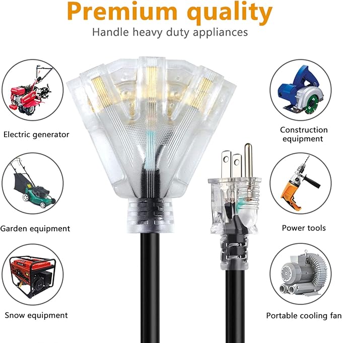 1FT 12/3 Extension Cord Heavy Duty Black 3-Outlet Indoor/Outdoor SJTW Lighted 12-Gauge Grounded Power Cable,12AWG 15 Amp, 1875 Watts，UL Listed，Safety