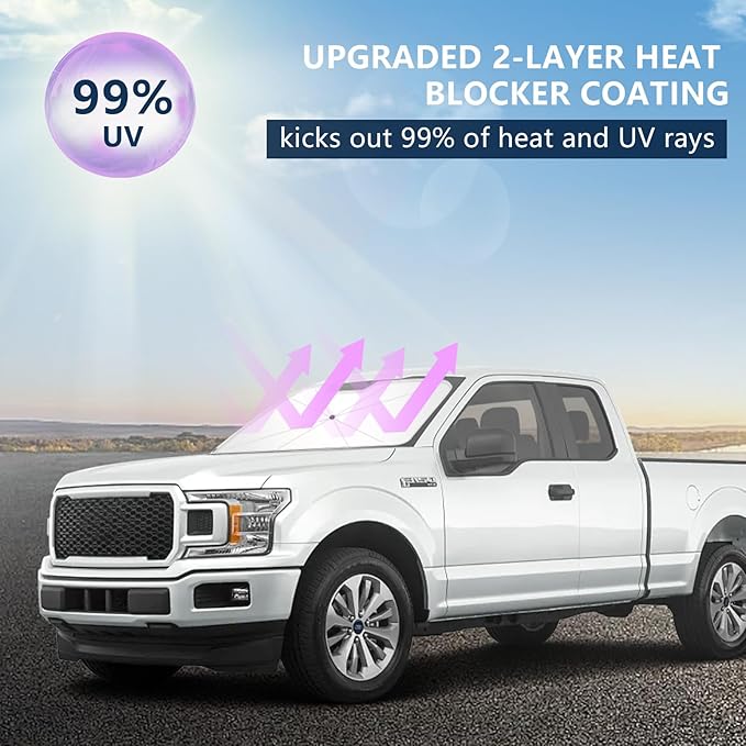 Tecoom Car Windshield Sun Shade Umbrella for Truck Full-Size SUV, Foldable Front Window Visor Sunshade Cover, Double Heat Shield Coating, Protect Automotive Interior from UV Rays, Large 61" L x 33" W