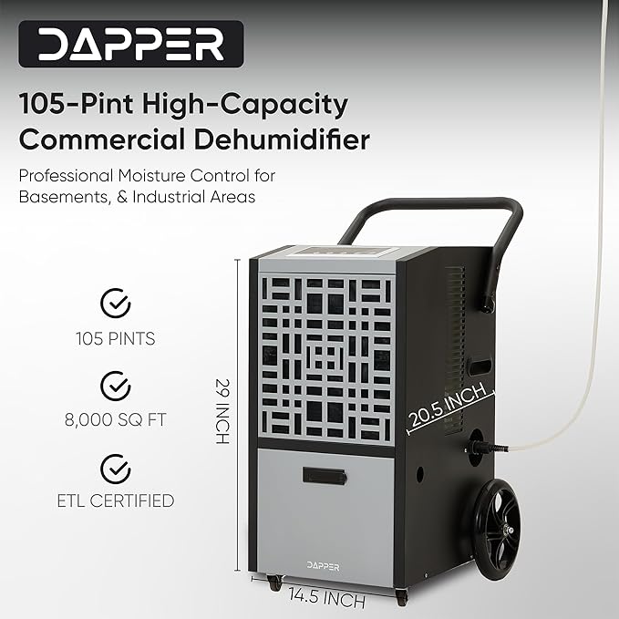 105-Pint Commercial Dehumidifier for Basements & Industrial Spaces – Built-In Pump, Drain Hose, Continuous Operation, 2-Speed Fan, 8000 Sq Ft Coverage, ETL Certified