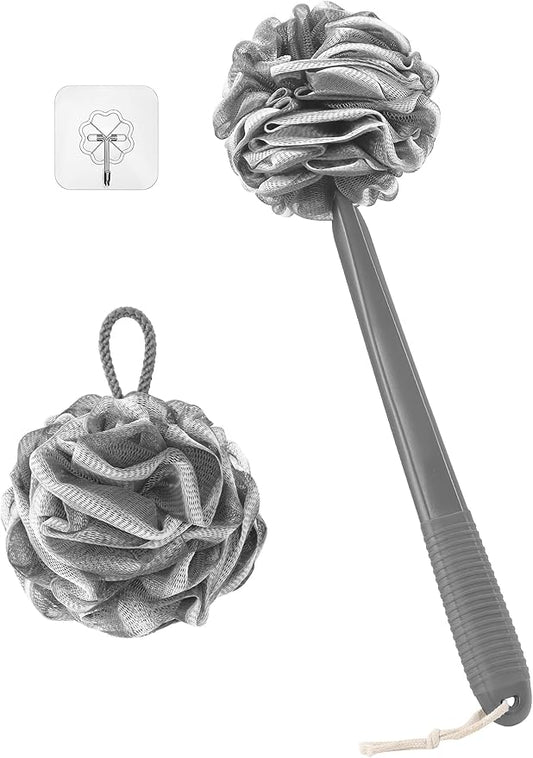 Non-Slip Back Scrubber with 17" Plastic Handle, Hand Shower Loofah & Loofah on a Stick Set, Deep Gray with White Edge