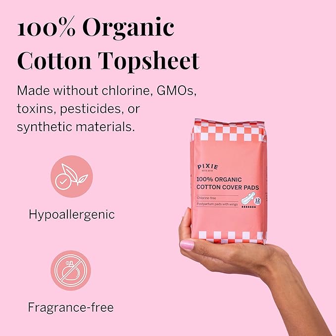 Pixie Cup Organic Cotton Postpartum Pads for Women - Extra Heavy Absorbency with Wings - Leak-Proof, Hypoallergenic & Unscented - Compostable, Biodegradable - 24 Count