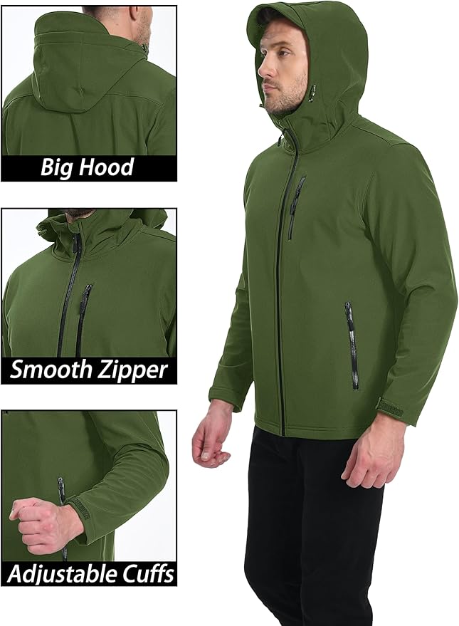 MAGCOMSEN Men's Waterproof Fleece Lined Rain Jacket Lightweight Softshell Raincoat with Hood Winter Hiking Windbreaker