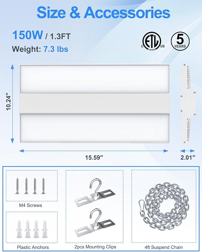 ADUB 480V 150W LED High Bay Shop Light, 22,500 LM 1.3 FT LED Linear High Bay Light Dimmable 0-10V, 5000K Commercial Bay Lights for Warehouse Factory Garage, 150 LM/W, AC277-480V, ETL Listed