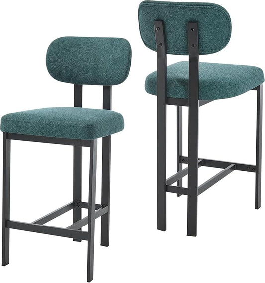 Modern Counter Stools Set of 2, 26" Upholstered Barstools with Back, Sturdy Black Metal Legs Dining Stools with Footrest for Home Pub Kitchen, Green