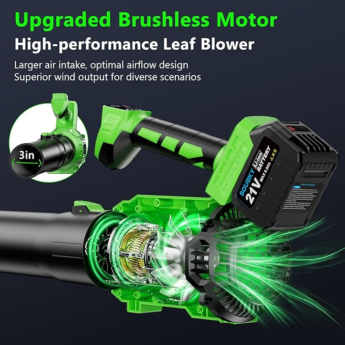 Leaf Blower Cordless, Battery Leaf Blower with 2 * 6.0Ah Batteries and Charger, 21V Brushless Electric Leaf Blowers with 5 Speed Levels and Turbo Mode for Lawn Care,Blowing Leaves,Yard Cleanup