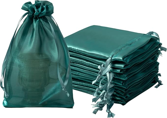 QIANF 20 Pcs Dark Green Small Organza Bags 6X9 inch for Wedding Favors with Drawstring, Mini Mesh Gift Bags Jewelry Pouch for Candy Bridal Shower Party Favor Baby Shower Christmas