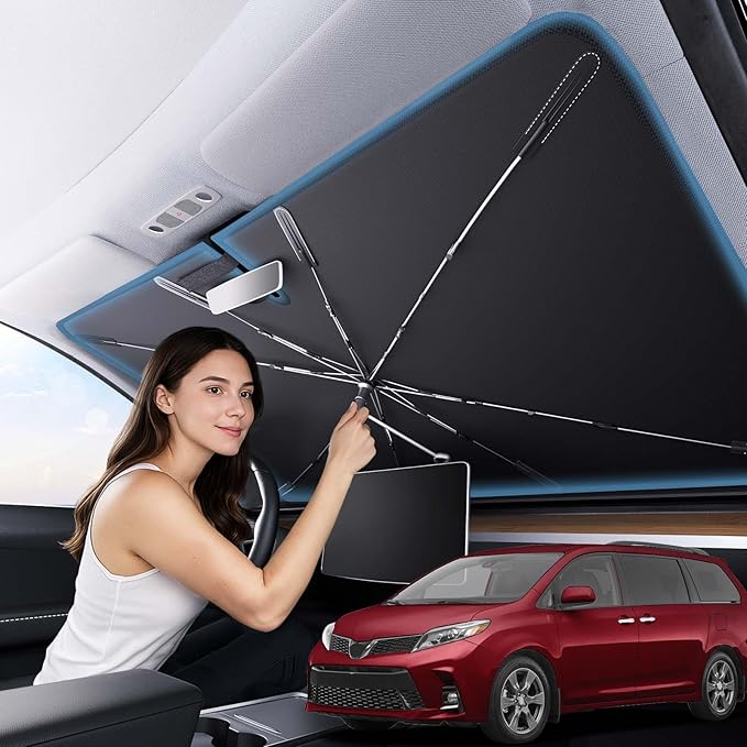Zanch 2025 Upgraded Car Windshield Sun Shade [Cool Down by 75℉ ] with Heat Insulation Coating, Foldable Sunshade Umbrella with Flexible Handle & Ribs, XL (40''x61'') for Super Large SUV, Truck, Van