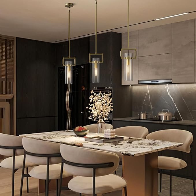 Modern Gold Kitchen Island Pendant Lights, 12 Inch 1-Light Adjustable Pendant Light with Glass Shade & Brass Finish, Hanging Light Fixture for Kitchen, Dining Room, Bathroom, Living Room