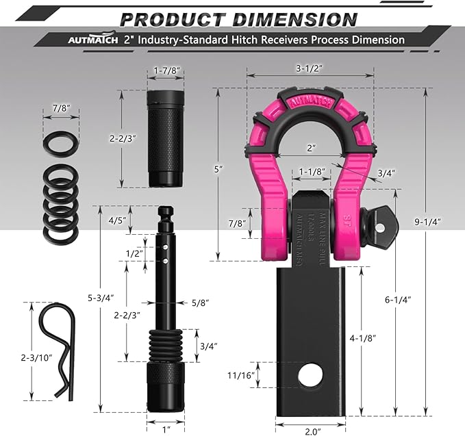 AUTMATCH Shackle Hitch Receiver 2" with 3/4" Mega D Ring Shackle and 5/8" Trailer Hitch Lock Pin, 68,000 Lbs Break Strength Heavy Duty Receiver Towing Kit for Off-Road Vehicle Recovery, Black & Pink