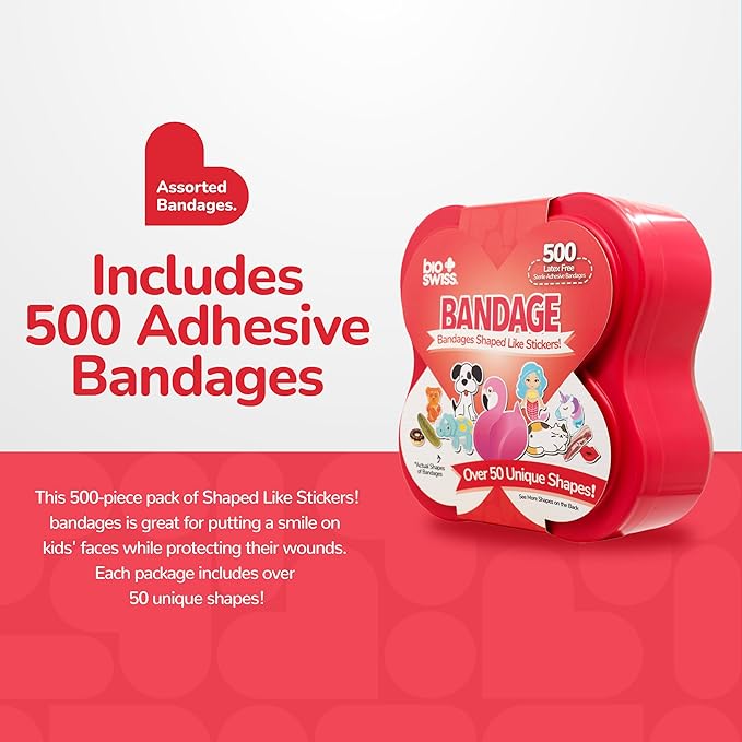BioSwiss Bandages, Assorted Self Adhesive Bandage, Latex Free Sterile Wound Care, Fun First Aid Kit Supplies for Kids, 500 Count