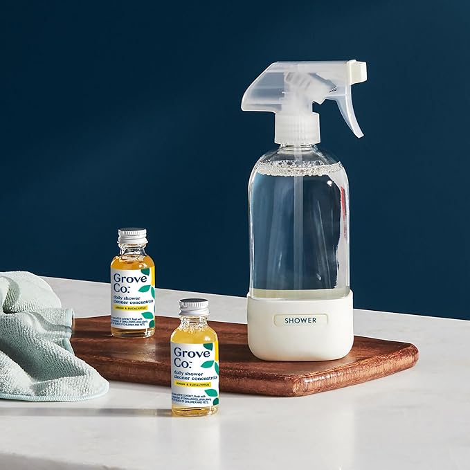Grove Co. Daily Shower Cleaner Refill Concentrate (6 x 1 Fl Oz), Creates 16 Oz Cleaner, Removes Soap Scum, Scrub-Free, Plant-Based Household Cleaning Supplies, Lemon & Eucalyptus Fragrance