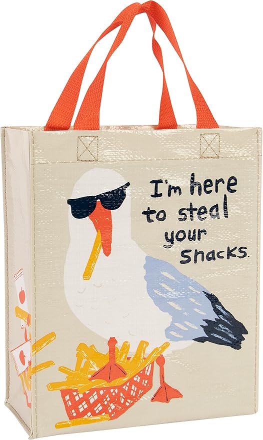 Blue Q Handy Tote - I'm Here to Steal Your Snacks. Reusable lunch sack, little gift bag, sneaky seagull design, sturdy and easy-to-wipe-clean, made from 95% recycled material, 10" h x 8.5" w x 4.5" d