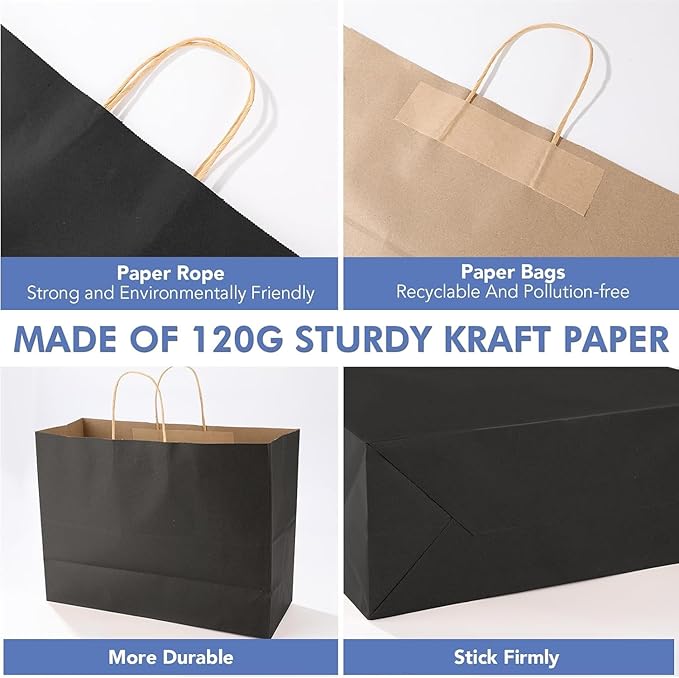 XPCARE 200Pack Large Paper Gift Bags with Handles Bulk,16x6x12 Inch Plain Natural Kraft Bag Packaging Black Paper Bags for Birthday Party Boutiques Business Retail Stores Merchandise
