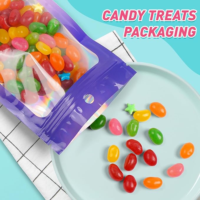 Funfery 300 Pack Smell Proof Resealable Bags for Food Storage,Holographic Bags 4x6 Purple Pink Mylar Clear Packaging Bag- Scent Proof for Cookies, Zip Foil Pouch for Small Business