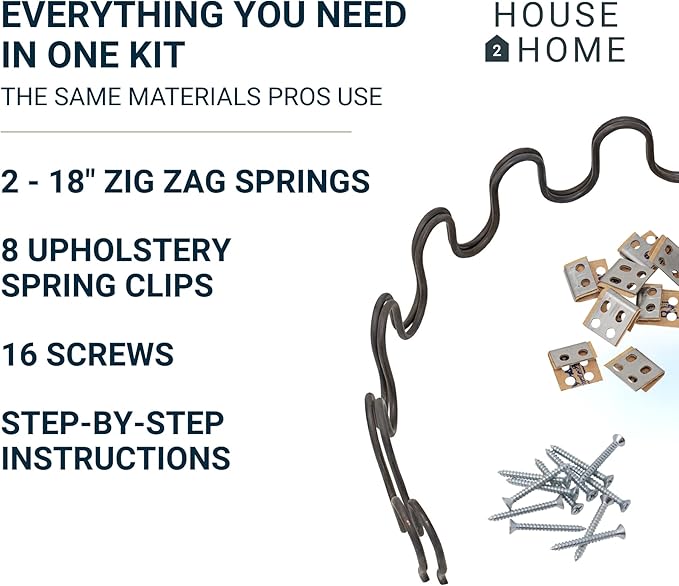 House2Home 18" Sofa Upholstery Spring Replacement, 2pk Repair Kit for Furniture Chair Couch and Recliner, Includes Screws, Clips, and Instructions