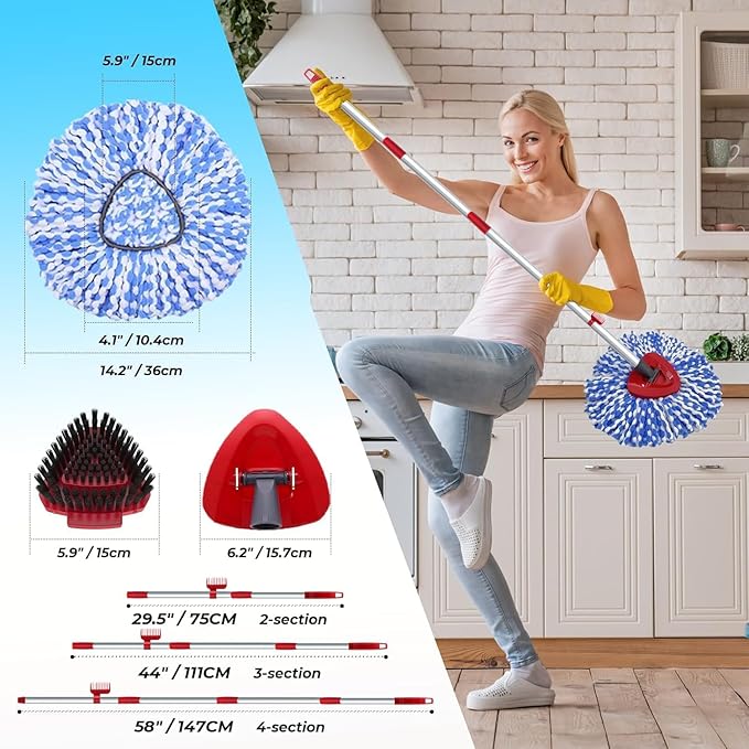 2 Pack Spin Mop Heads Replacement Compatible with O Cedar RinseClean 2 Tank, Upgraded Scrub Brush,4 Section Mop Handle and 1 Base Combo Set, Microfiber Replace Head Refill