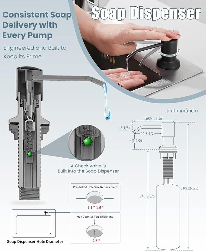 Black Kitchen Faucet with Soap Dispenser, Faucet with Light, Faucet for Camper Farmhouse RV Kitchen Sink, Single Handle Stainless Steel Kitchen Sink Faucets with Pull Down Sprayer