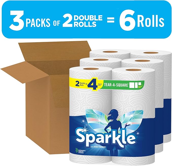 Sparkle Tear-A-Square Paper Towels, 6 Double Rolls : 12 Regular Rolls (3 Packs of 2)