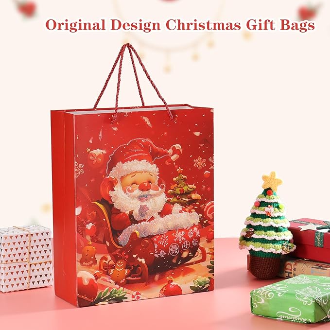 Rusikia 12 Christmas Gift Bags with 12 Tissues and 1 Satin Ribbon, Red Party Favor Bags Bulk with Handles, Glittery Cute Tree Balls Father Christmas Paper Bag for Wrapping, Present (Small 9"x7"x3")