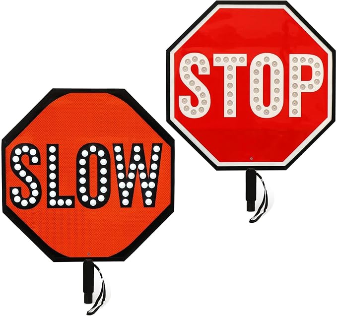 17.7" LED Stop Slow Paddle - Double-Sided Reflective Handheld Traffic Sign with Steady/Flashing Light Modes, Durable Rustproof Aluminum, Essential Safety Tool for Road Work and Events