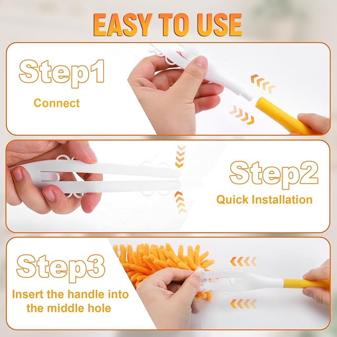 Reusable Duster Refill for Swiffer Duster Refill, 360° Heavy Duty Duster Refills Kit, 5 Pack with 1 Handle Microfiber Ceiling Fan Dusters for Cleaning（Orange, 5PCS）