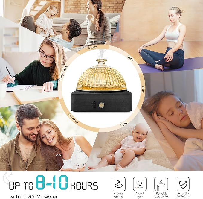 Glass Dome Essential Oil Diffuser with Glass Reservoir & Wood Base-Plastic Free, 200ml Ultrasonic Diffuser for Aromatherapy with Timer 7 Color Light Auto-Off for Gift Home Office Yoga Dark Brown