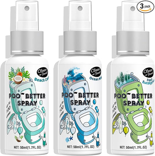 Clean-n-Fresh Toilet Spray, Variety 3 Pack - Ocean Mist/Eucalyptus/Beach Coco, Bathroom & Toilet Odor Elimination, Travel Size Toiletries, Total 5.1 Fl Oz