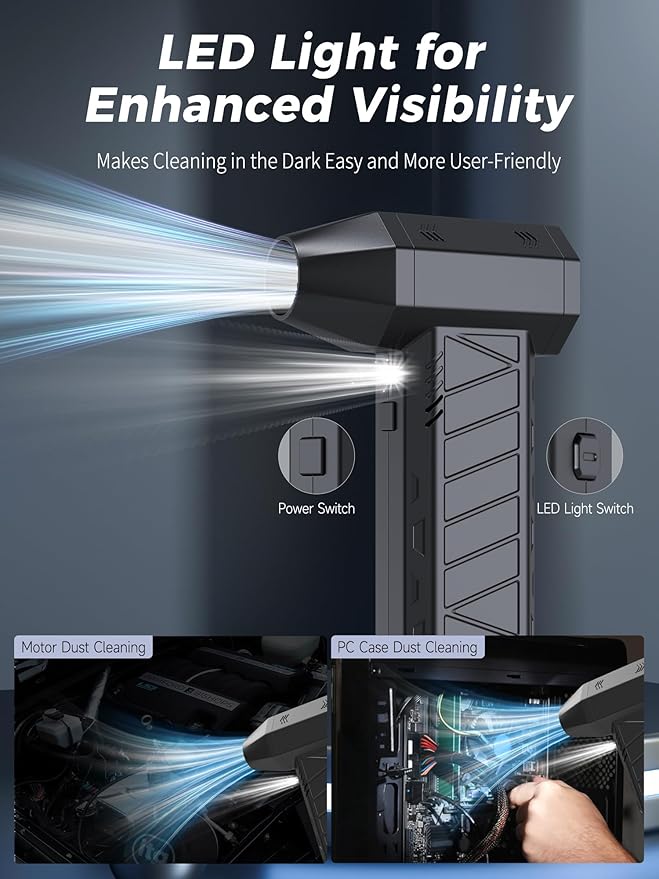 Compressed Air Duster Air Gun - Powerful Cordless Rechargeable 4-Gear Adjustable Air Blower with LED Lighting, for Computer, Keyboard, Car, Outdoor